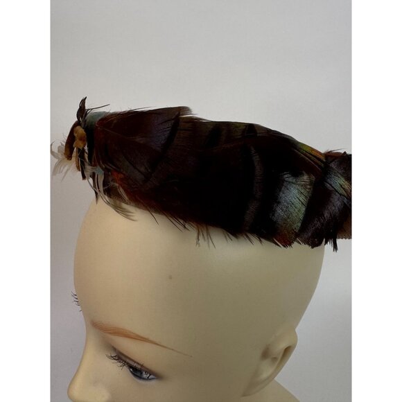 Vintage Feathered Fascinator Hat Brown & Beige Woven Design Womens Accessory Ele - Picture 10 of 14
